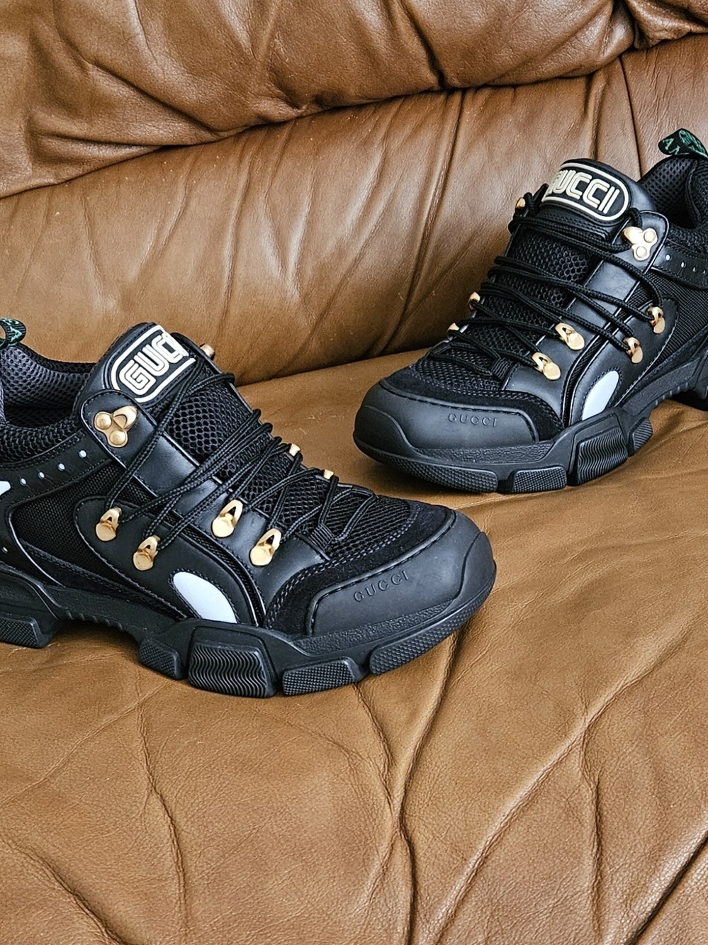 New Men's Gucci Flashtrek Black Leather Chunky Lace-Up Sneakers Size 6 - Picture 7 of 16